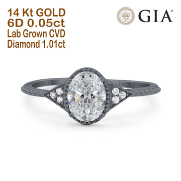 14K Black Gold Oval Art Deco 8mmx6mm D VS2 GIA Certified 1.01ct Lab Grown CVD Diamond Engagement Wedding Ring Size 6.5